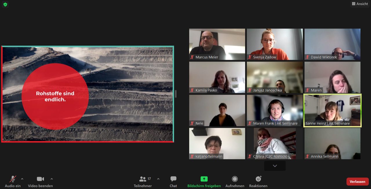 Zoom Meeting mit Präsentation zu Rohstoffen und Teilnehmende mit Kameras