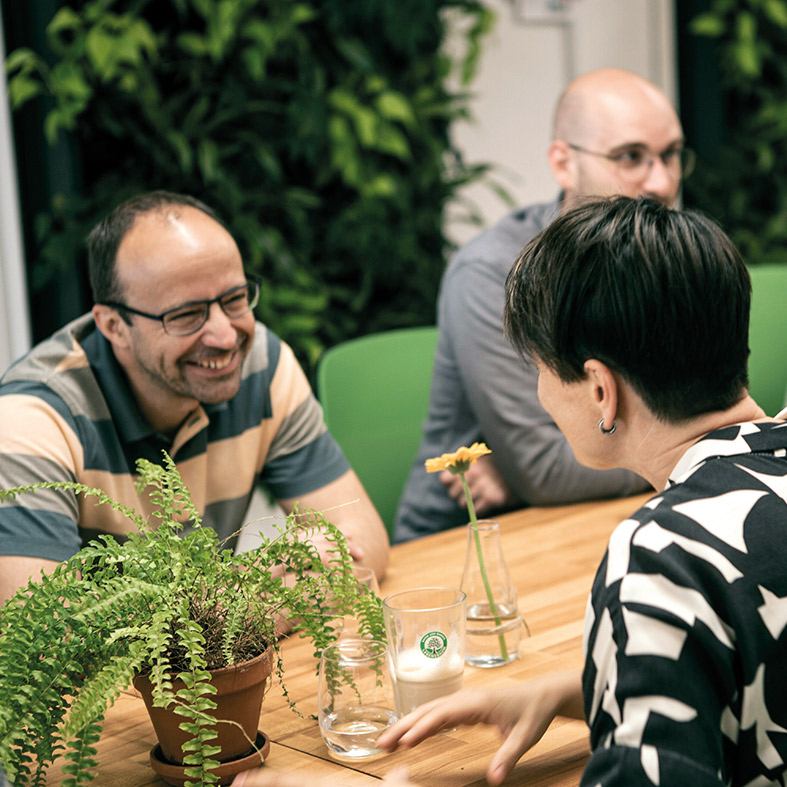 two people have a cheerful conversation