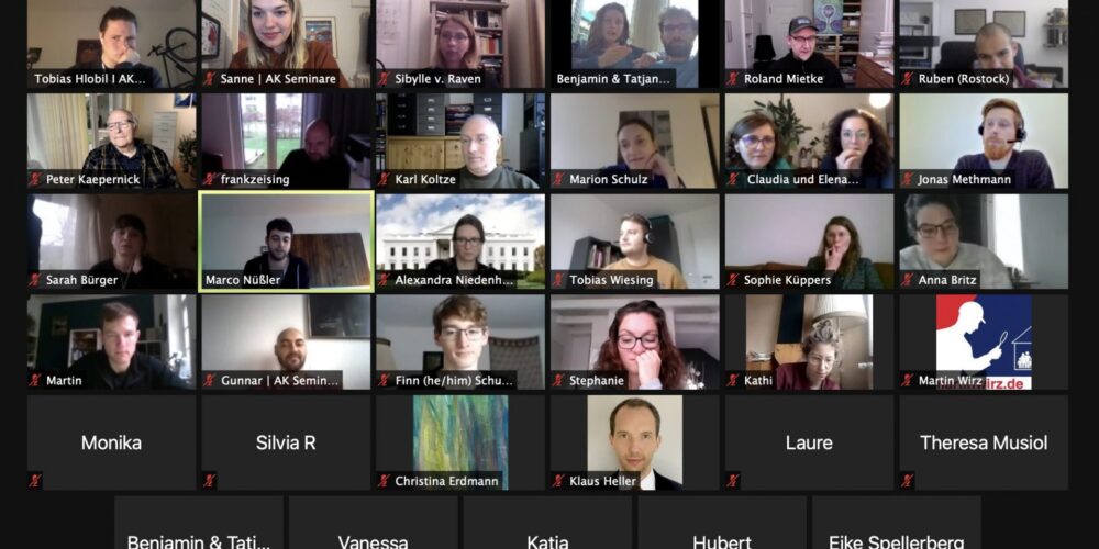 Zoom Meeting mit vielen verschiedenen Menschen, kleine Kamerabilder