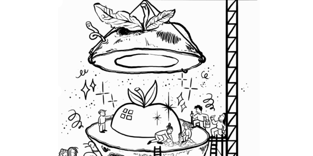 Cartoon, Baustelle, Apfel wird von C2C herausgeputzt